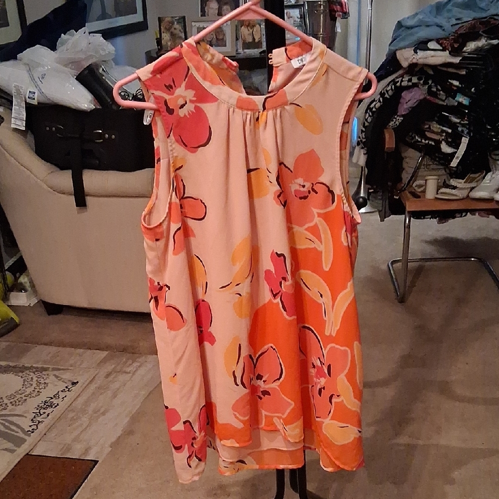 DR2 Orange and Pink Floral Sleeveless Blouse